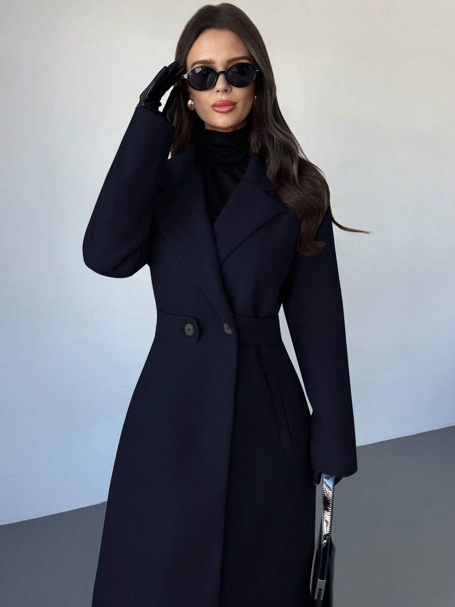Celia Double Breasted Belted Long Coat with Notched Lapels - Navy