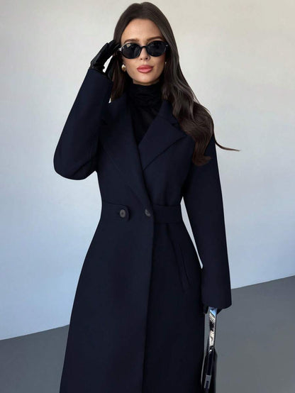 Celia Double Breasted Belted Long Coat with Notched Lapels - Navy