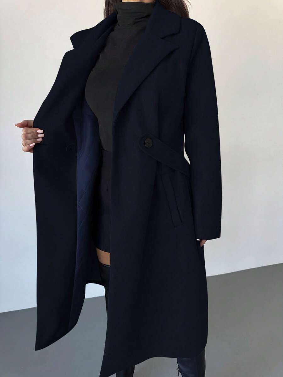 Celia Double Breasted Belted Long Coat with Notched Lapels - Navy