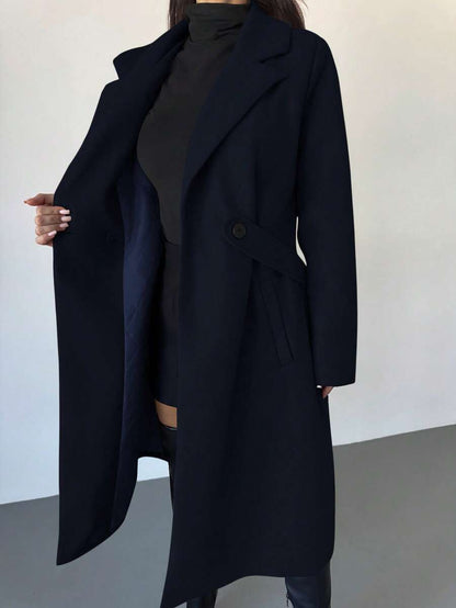 Celia Double Breasted Belted Long Coat with Notched Lapels - Navy