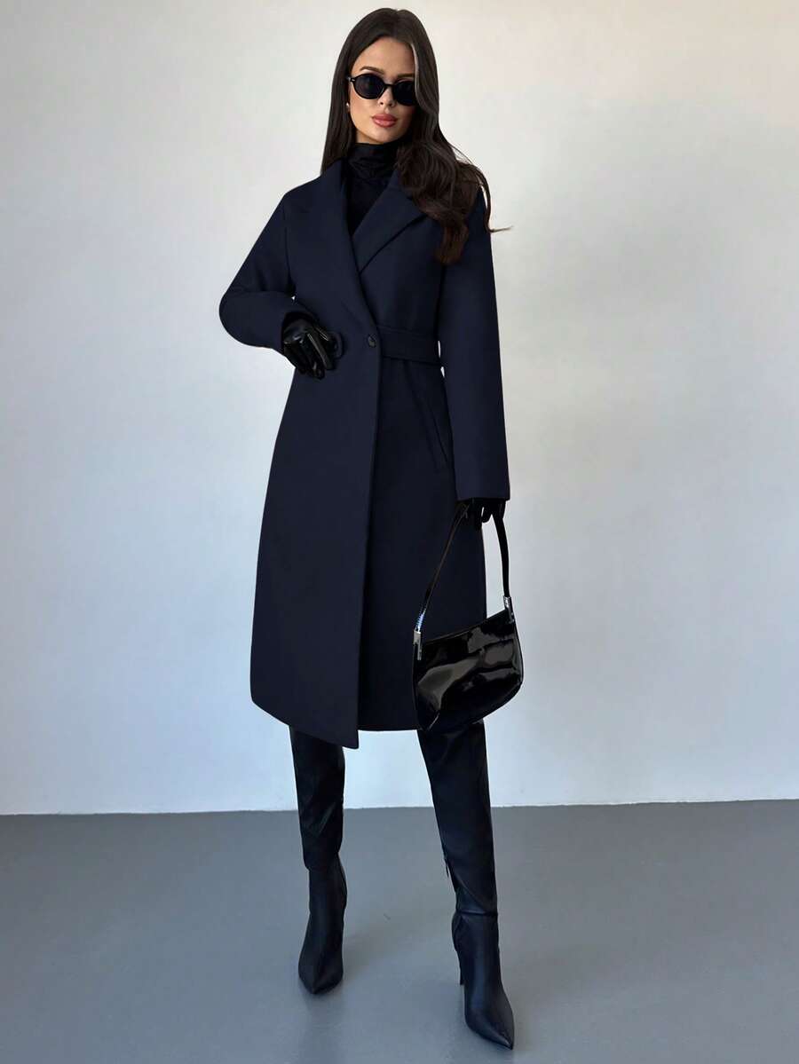 Celia Double Breasted Belted Long Coat with Notched Lapels - Navy