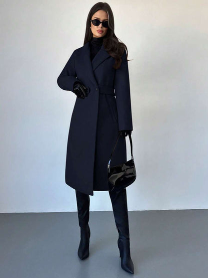 Celia Double Breasted Belted Long Coat with Notched Lapels - Navy