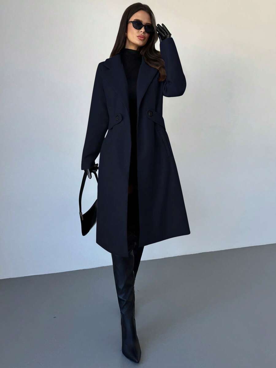 Celia Double Breasted Belted Long Coat with Notched Lapels - Navy