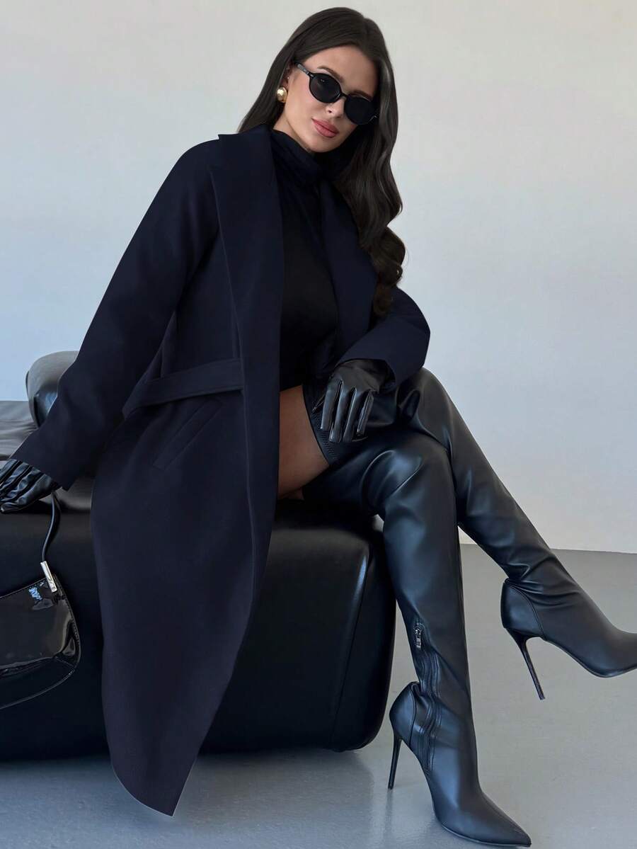 Celia Double Breasted Belted Long Coat with Notched Lapels - Navy