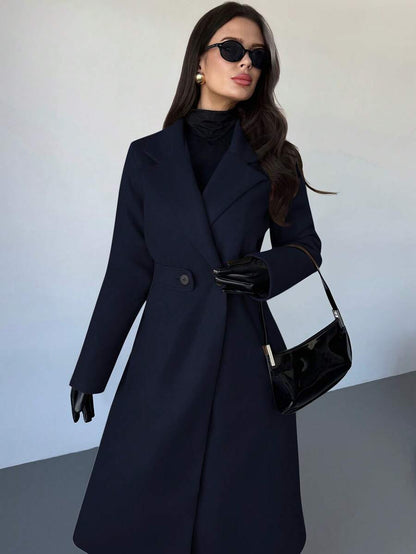 Celia Double Breasted Belted Long Coat with Notched Lapels - Navy