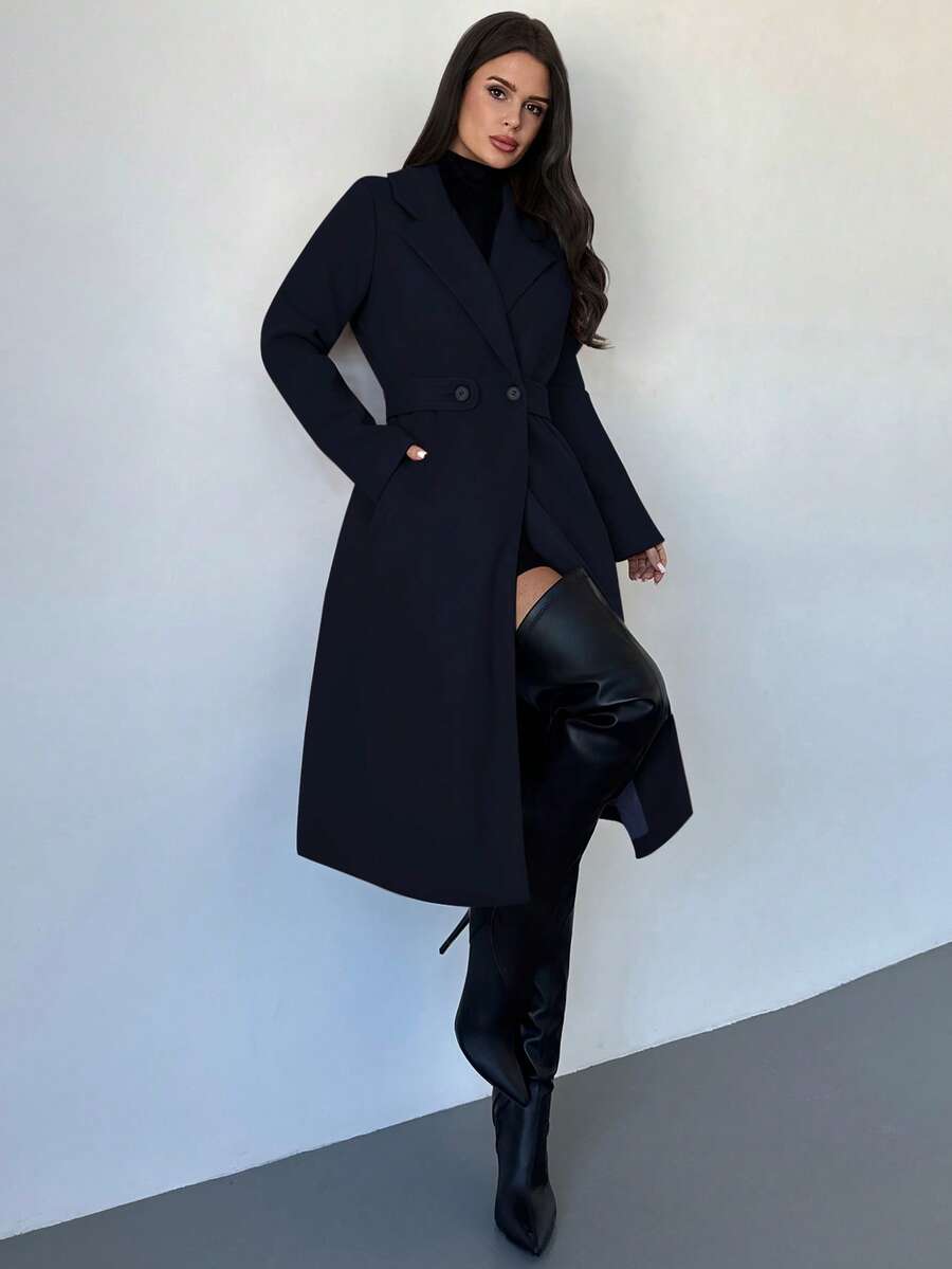 Celia Double Breasted Belted Long Coat with Notched Lapels - Navy