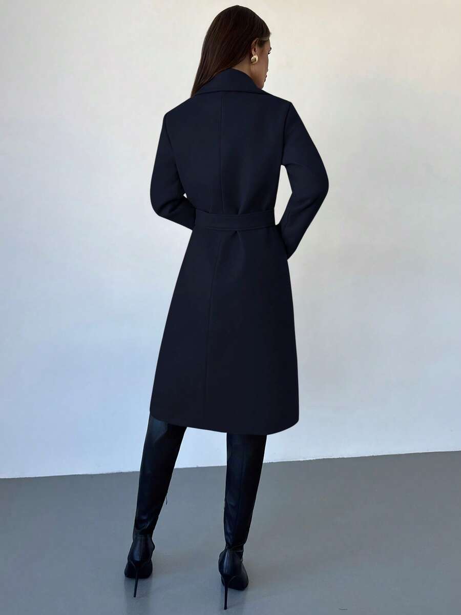 Celia Double Breasted Belted Long Coat with Notched Lapels - Navy