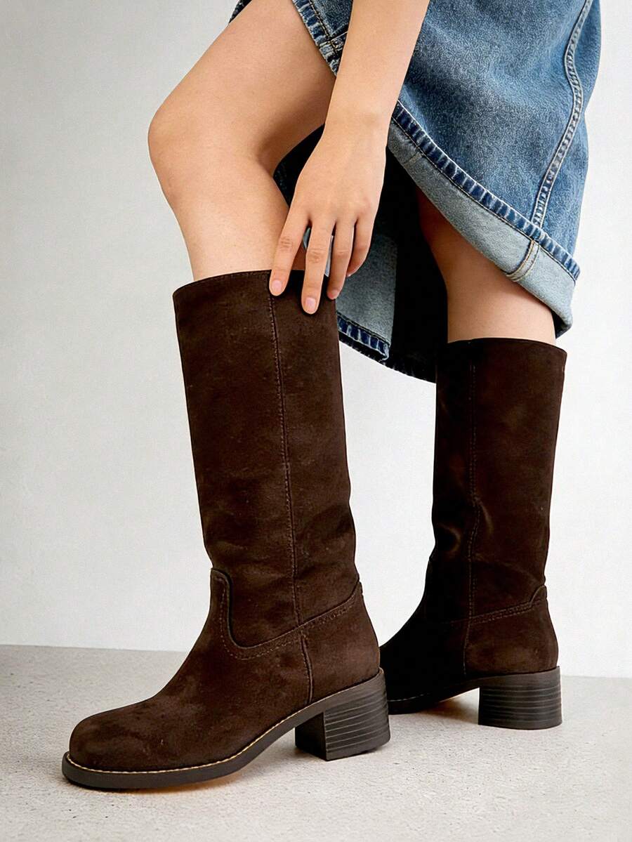 Knee High Boots For Woman Square Toe Fall Wide Calf Pull On Chunky Block Heeled Boots Riding Boots Autumn Casual Comfortable Block Heels For Women Mensa