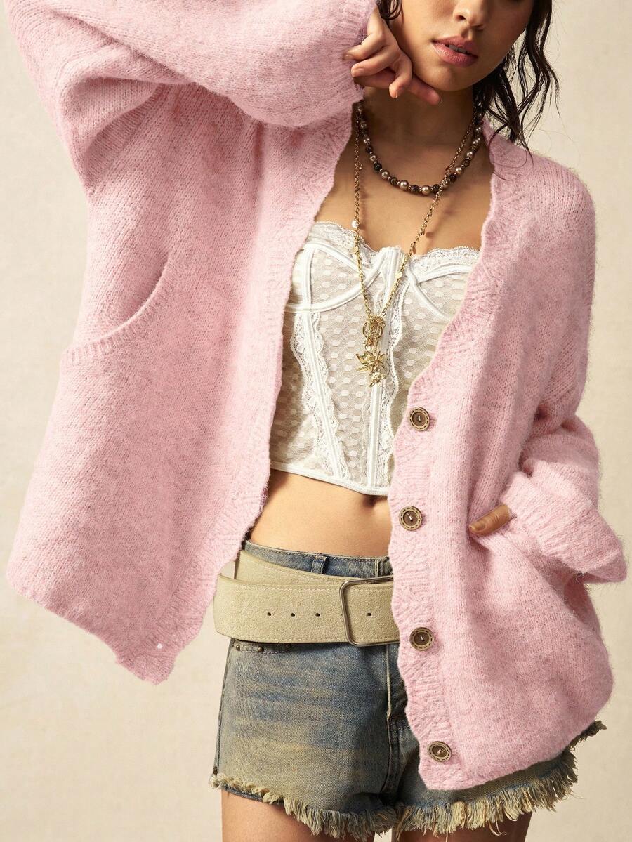 Megeve Oversized Fuzzy Knit Button Front Cardigan - Pink