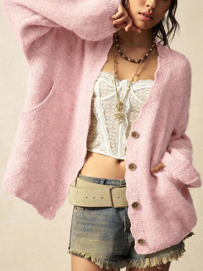 Megeve Oversized Fuzzy Knit Button Front Cardigan - Pink
