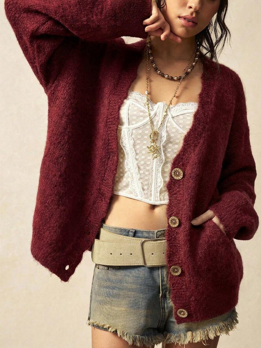 Megeve Oversized Fuzzy Knit Button Front Cardigan - Burgundy