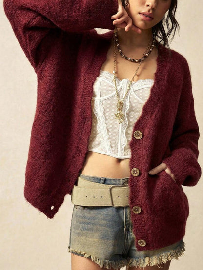 Megeve Oversized Fuzzy Knit Button Front Cardigan - Burgundy