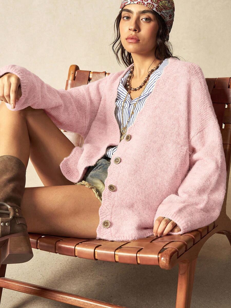 Megeve Oversized Fuzzy Knit Button Front Cardigan