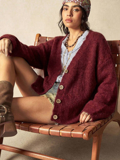 Megeve Oversized Fuzzy Knit Button Front Cardigan