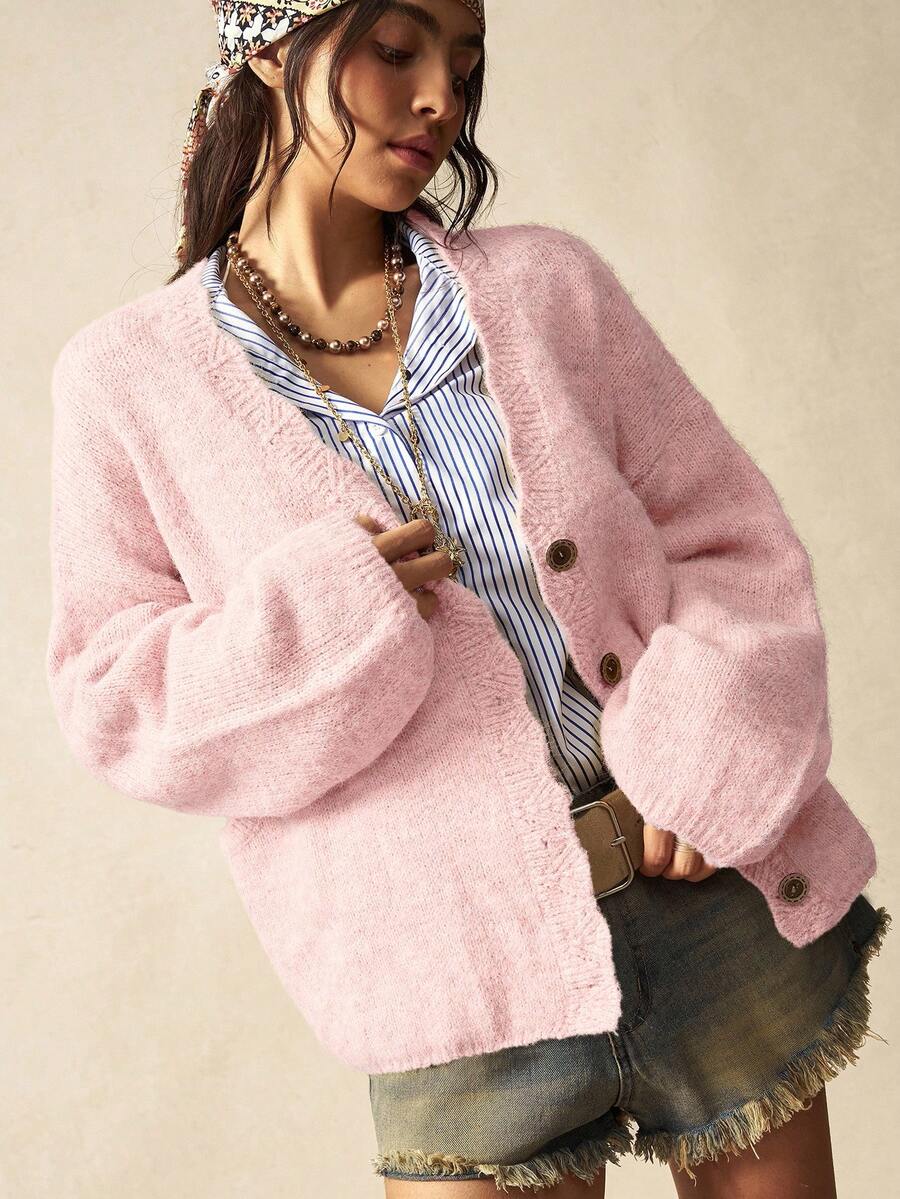 Megeve Oversized Fuzzy Knit Button Front Cardigan