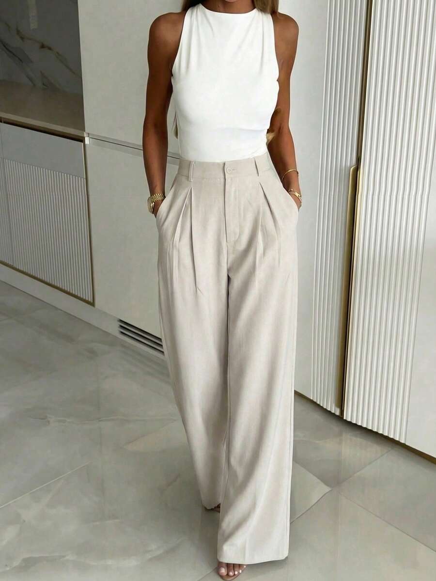 Women's Buckle Waist Wide Leg Trousers, Tailored Dress Pants for Work Office - Black