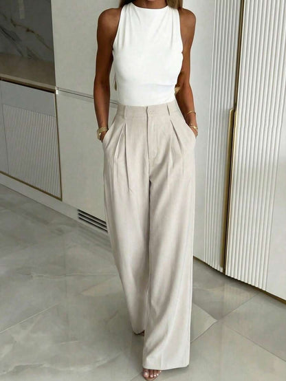 Women's Buckle Waist Wide Leg Trousers, Tailored Dress Pants for Work Office - Black