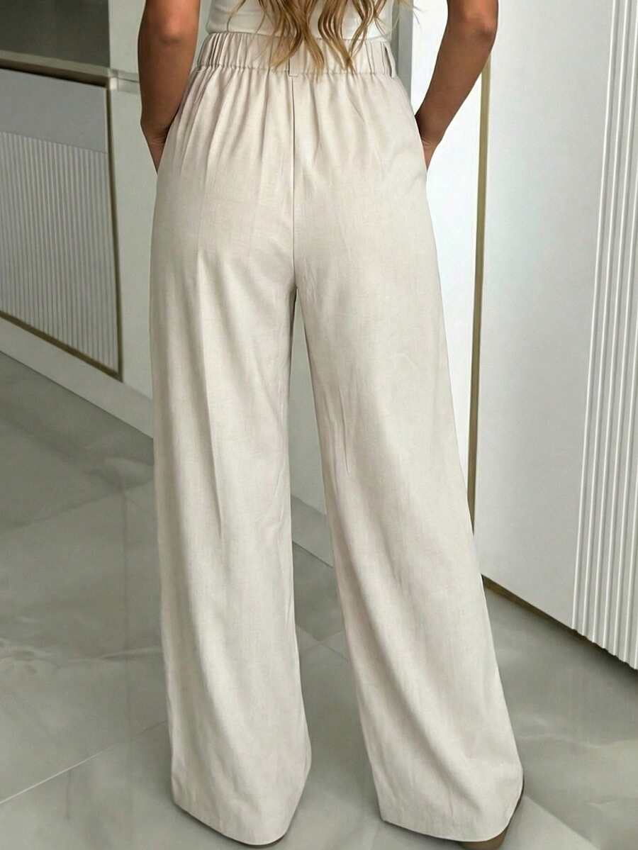 Women's Buckle Waist Wide Leg Trousers, Tailored Dress Pants for Work Office - Brown
