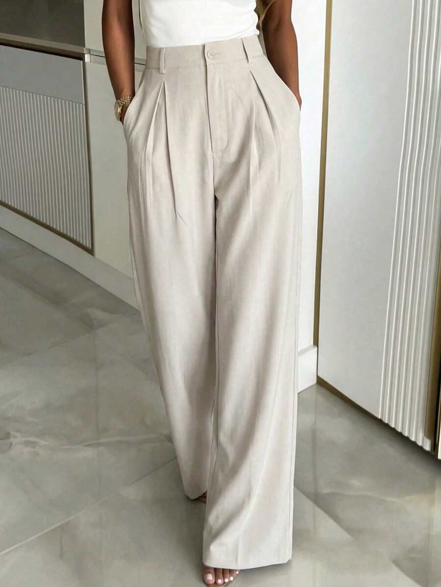 Women's Buckle Waist Wide Leg Trousers, Tailored Dress Pants for Work Office - Brown