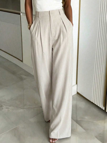 Women's Buckle Waist Wide Leg Trousers, Tailored Dress Pants for Work Office - Brown