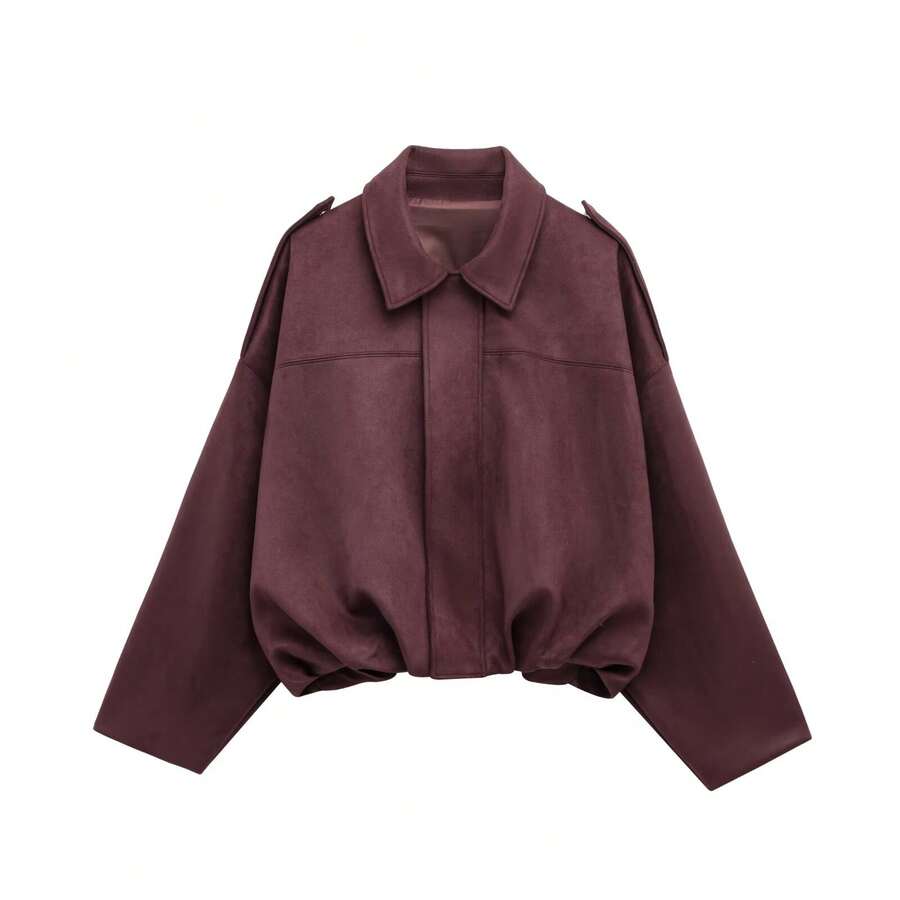Sabrina Faux Suede Oversized Cropped Collared Jacket - Burgundy