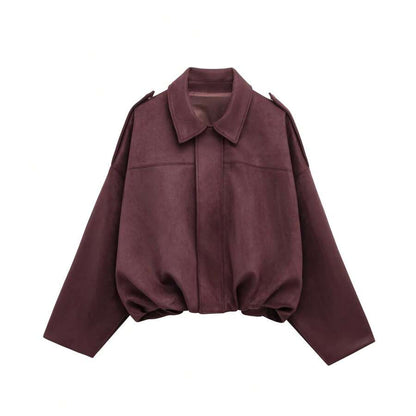 Sabrina Faux Suede Oversized Cropped Collared Jacket - Burgundy