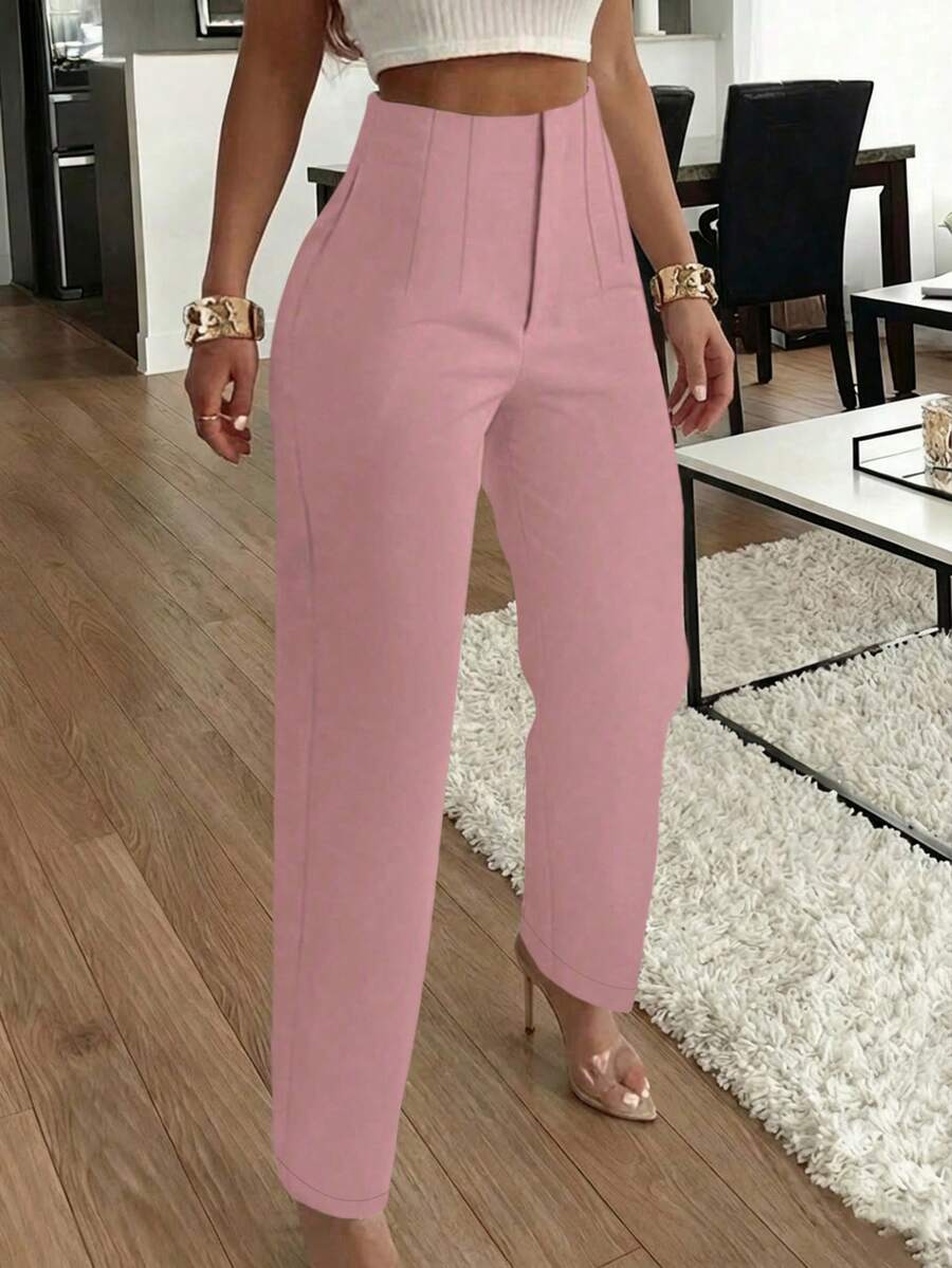 Women's Pleated Tapered Ankle Trousers, Stretch Dress Pants for Work Office - Pink