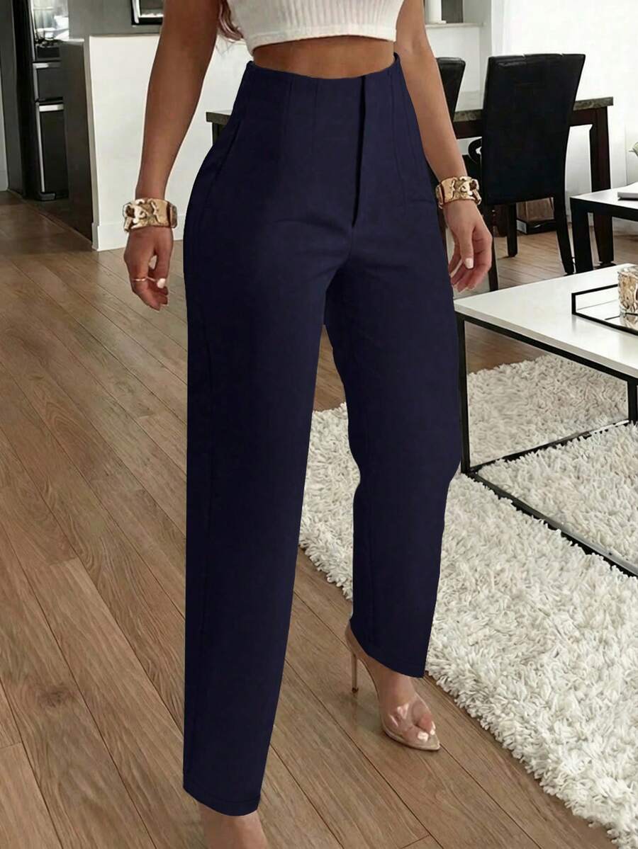 Women's Pleated Tapered Ankle Trousers, Stretch Dress Pants for Work Office - Navy Blue