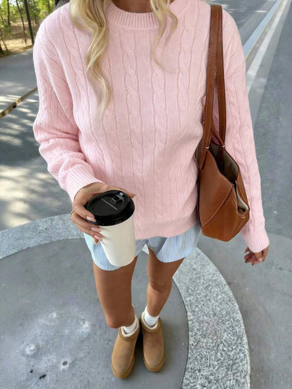 Marlowe Chunky Cable Knit Sweater Loose Crew Neck Pullover - Baby Pink