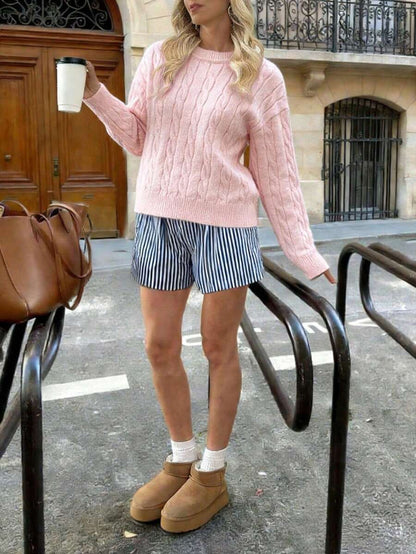 Marlowe Chunky Cable Knit Sweater Loose Crew Neck Pullover - Baby Pink