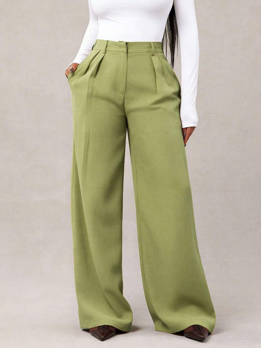 Theodora High Waist Pleated Oversized Wide Leg Suit Trousers - Sage Green