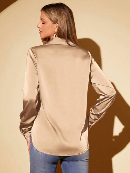 Women's Satin Collared Long Sleeve Shirt, Lapel Silky Blouse for Work and Evening - White