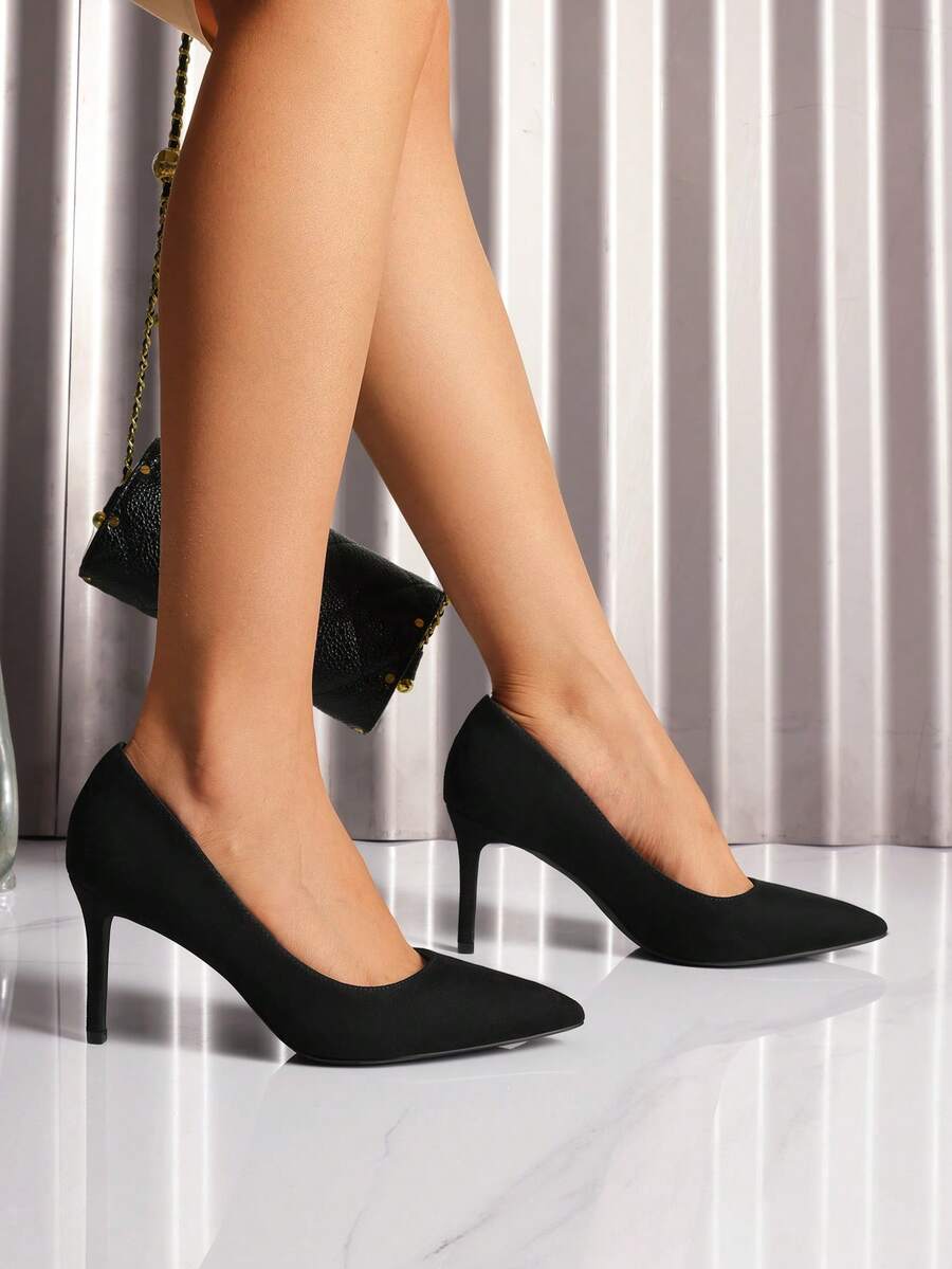 Women's Pointed Toe Stiletto Pumps, 3.35 Inch High Heel Faux Leather Slip On Dress Shoes for Work and Events - Black Nubuck