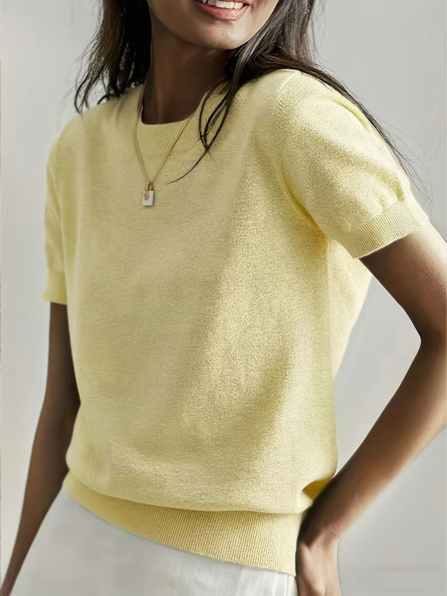Women's Fine Rib Knit Short Sleeve Top, Fitted Stretch Tee for Layering and Work - Light Grey