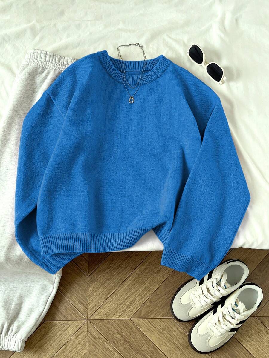 Women's Oversized Crew Neck Pullover Sweater, Relaxed Knit Sweater for Fall Winter - Royal Blue