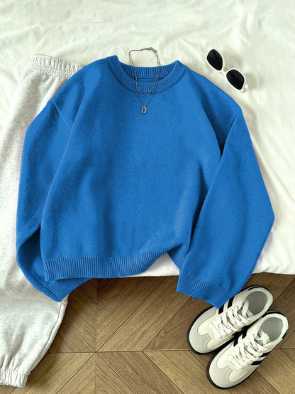Women's Oversized Crew Neck Pullover Sweater, Relaxed Knit Sweater for Fall Winter - Royal Blue