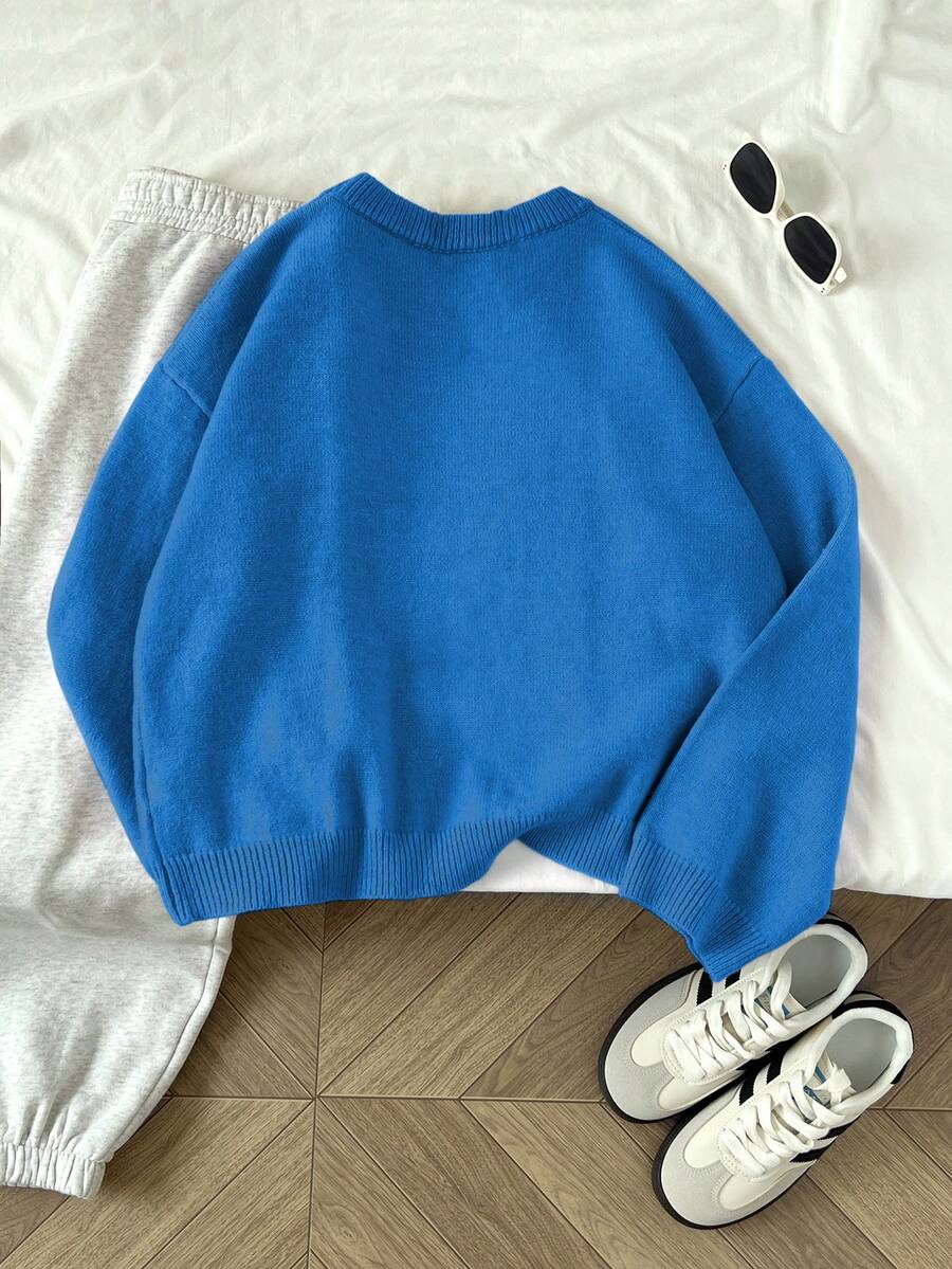Women's Oversized Crew Neck Pullover Sweater, Relaxed Knit Sweater for Fall Winter - Teal Blue