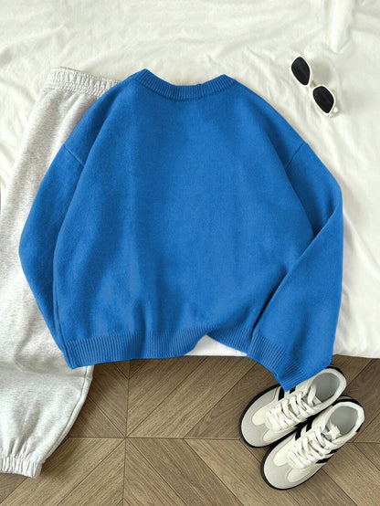 Women's Oversized Crew Neck Pullover Sweater, Relaxed Knit Sweater for Fall Winter - Teal Blue