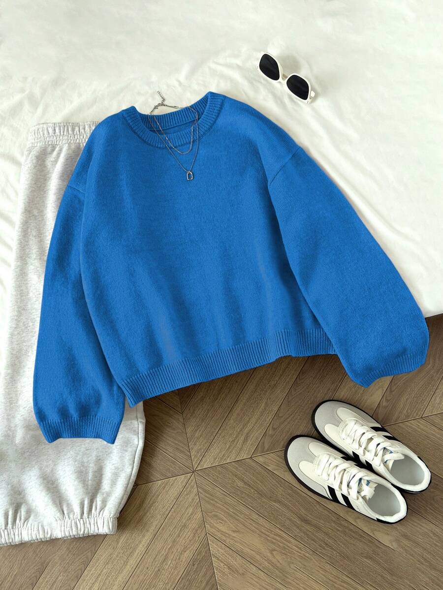 Women's Oversized Crew Neck Pullover Sweater, Relaxed Knit Sweater for Fall Winter - Coffee Brown
