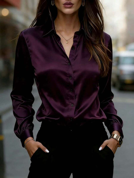 Women's Satin Button Up Collared Blouse, Long Sleeve Silky Shirt for Work and Evening - Purple