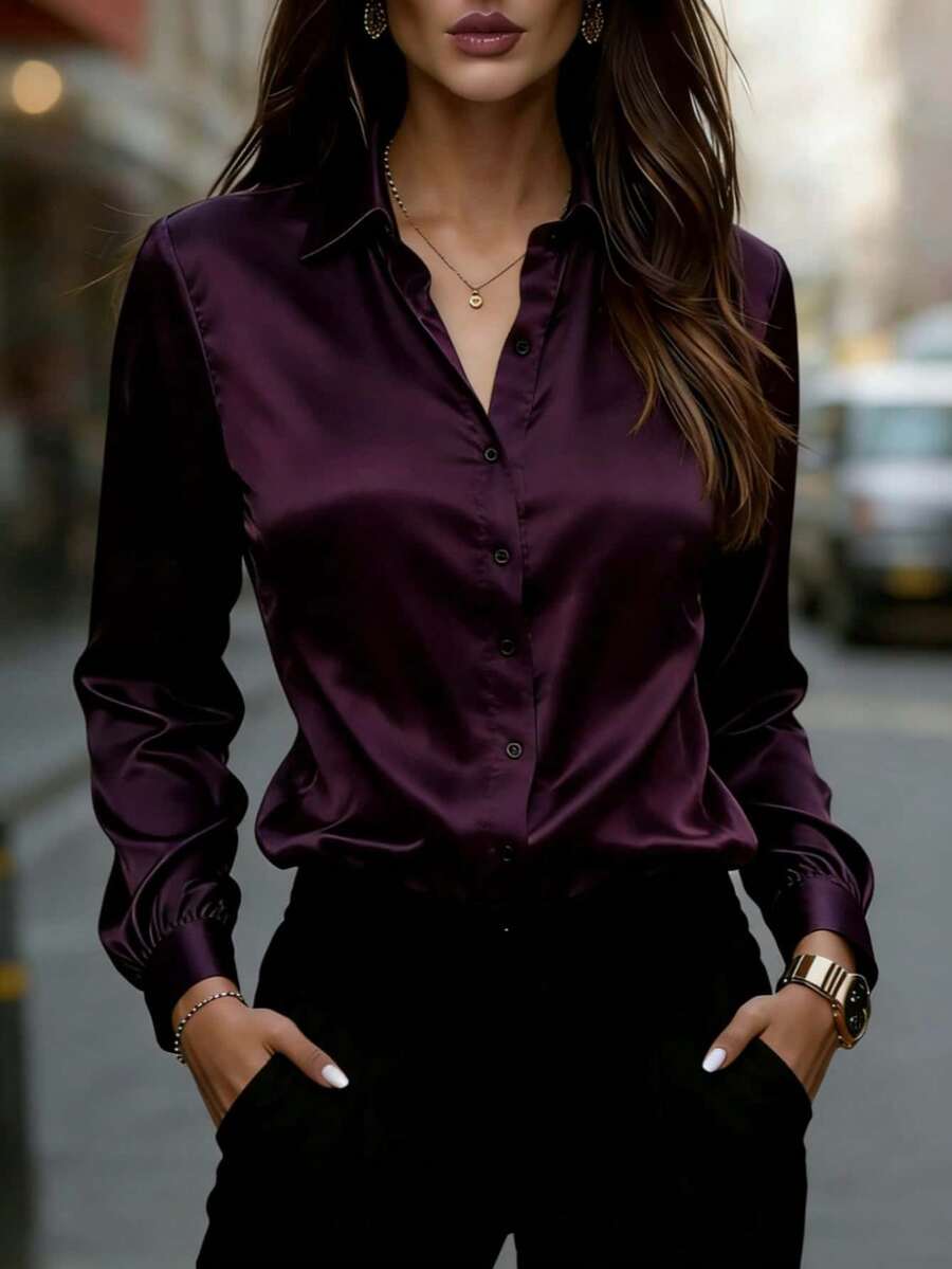 Women's Satin Button Up Collared Blouse, Long Sleeve Silky Shirt for Work and Evening - Black