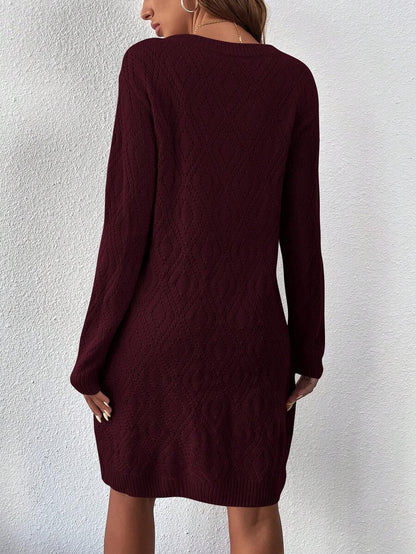 Women's Drop Shoulder Knit Sweater Dress, Relaxed Long Sleeve Dress for Fall Winter - Army Green