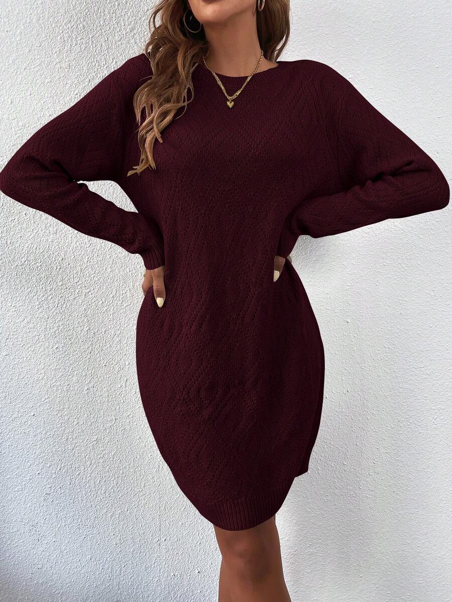 Women's Drop Shoulder Knit Sweater Dress, Relaxed Long Sleeve Dress for Fall Winter - Black