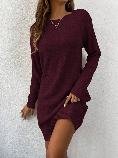 Women's Drop Shoulder Knit Sweater Dress, Relaxed Long Sleeve Dress for Fall Winter - Burgundy