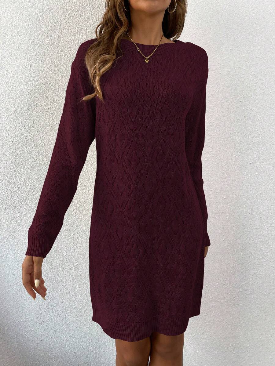 Women's Drop Shoulder Knit Sweater Dress, Relaxed Long Sleeve Dress for Fall Winter - Red