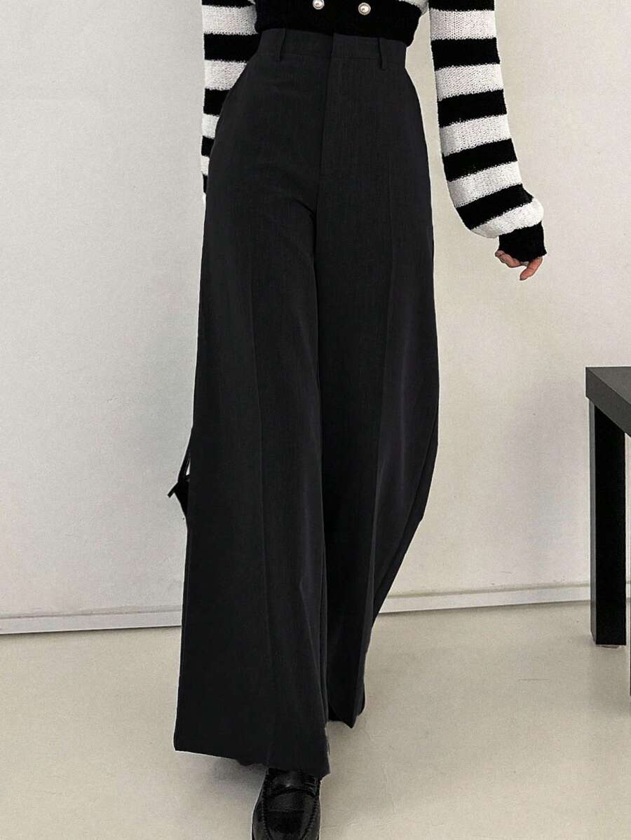 Women's Wide Leg Tailored Trousers, High Waisted Stretch Dress Pants for Work Office - Coffee Brown