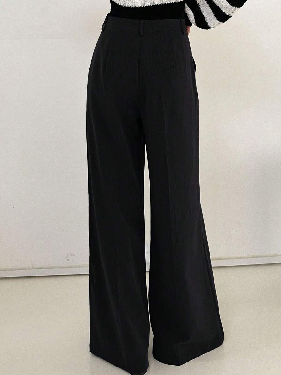Women's Wide Leg Tailored Trousers, High Waisted Stretch Dress Pants for Work Office - Navy Blue