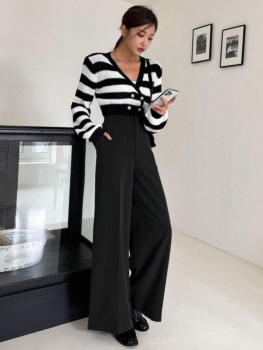 Women's Wide Leg Tailored Trousers, High Waisted Stretch Dress Pants for Work Office - Apricot