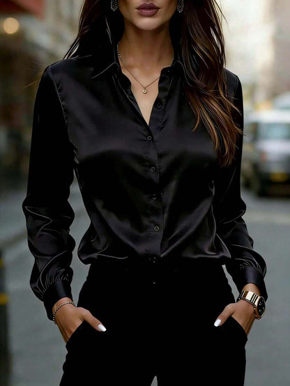 Women's Satin Button Up Collared Blouse, Long Sleeve Silky Shirt for Work and Evening - Black