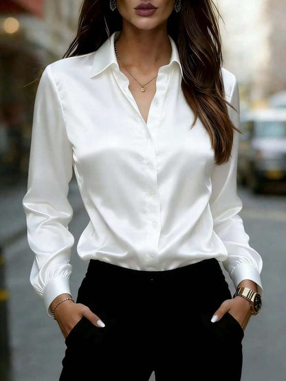 Women's Satin Button Up Collared Blouse, Long Sleeve Silky Shirt for Work and Evening - Navy Blue